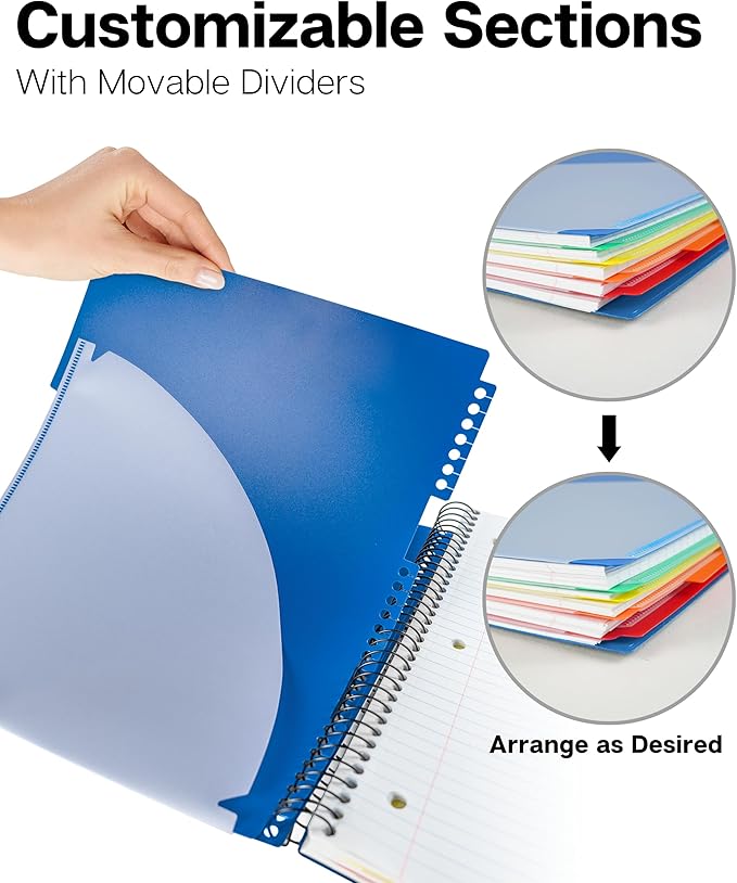Dunwell 5-Subject Spiral Notebook, College Ruled (Blue), Colorful Movable Pocket Dividers with Tabs, Front/Back Plastic Covers, 200 Sheets (400 Pages) of 3-Hole Punch Perforated 8.5x11 Paper
