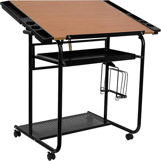 Flash Furniture Swanson Adjustable Drawing and Drafting Table with Black Frame and Dual Wheel Casters, Cherry