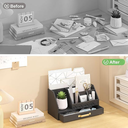 Bamboo Desk Organizer with Drawers, Mail Organizer Countertop Wood Desk Drawer Tabletop Storage Organization Pen Holder Letter Sorter Makeup Organizer for School Home Office (Black)