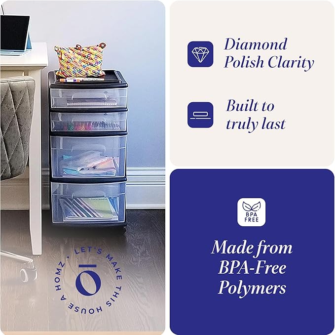 Homz Plastic 4 Clear Drawer Medium Home Organization Storage Container Tower with 2 Large Drawers and 2 Small Drawers, Black Frame (2 Pack)