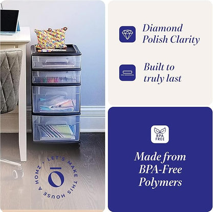 Homz Plastic 4 Clear Drawer Medium Home Organization Storage Container Tower with 2 Large Drawers and 2 Small Drawers, Black Frame (2 Pack)