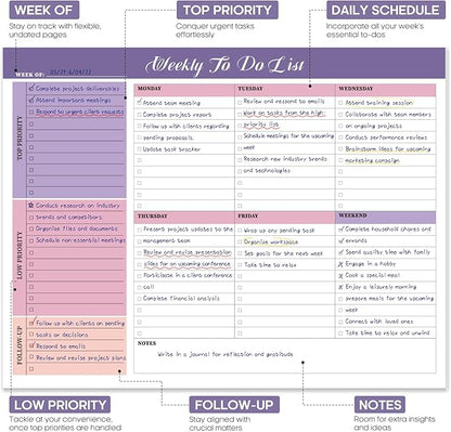 Weekly To Do List Notepad with 52 Tear Off Sheets（8.5"×11"）- Undated Weekly Desk Planner for Women & Man,Work and Home-Violet Whispers