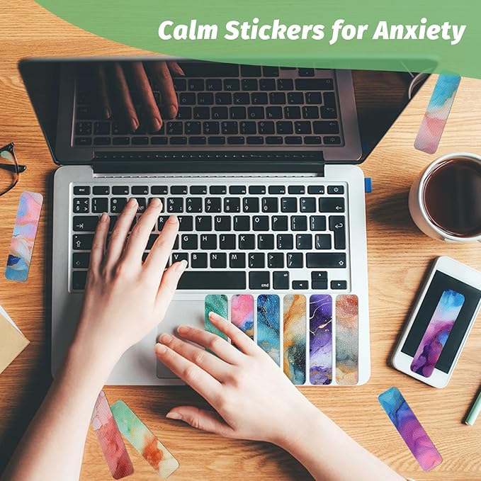 72 Pieces Anxiety Sensory Stickers with Storage Box - Calming Stickers 2 Textured Surface - Fidget Strips for Office & Classroom Desk Adult & Teen Stress (Marble)