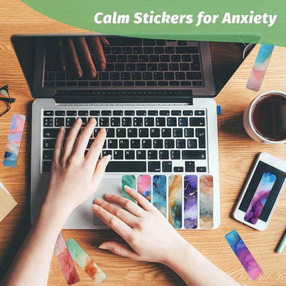 72 Pieces Anxiety Sensory Stickers with Storage Box - Calming Stickers 2 Textured Surface - Fidget Strips for Office & Classroom Desk Adult & Teen Stress (Marble)