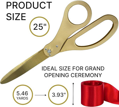 New Edition Grand Opening Kit – 25'' Scissors Gold with Golden Blades for Ribbon Cutting Ceremony with Red Ribbon Heavy Duty Golden Scissors