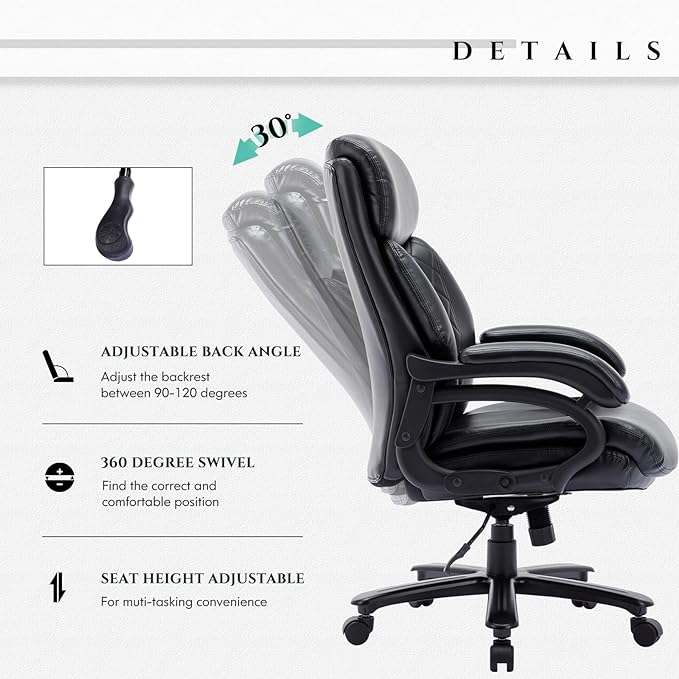 COLAMY Big and Tall Office Chair 400lbs-Heavy Duty Executive Desk Chair with Extra Wide Seat, High Back Ergonomic Leather Computer Chair with Tilt Rock&Tension, Padded Armrests-Black