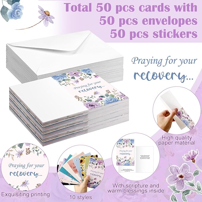 50 Pack Religious Get Well Cards with Scripture Assorted Bible Verse 4 x 6 Inch Affirmation Inspirational Christian Watercolor Floral Photography Wishing You Well Greeting Cards with Envelopes
