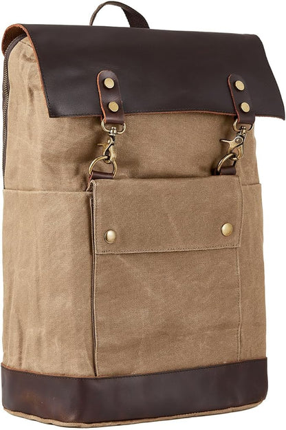 Vintage Waterproof Waxed Canvas Leather Backpack for Men Women 15.6" laptop Travel Rucksack