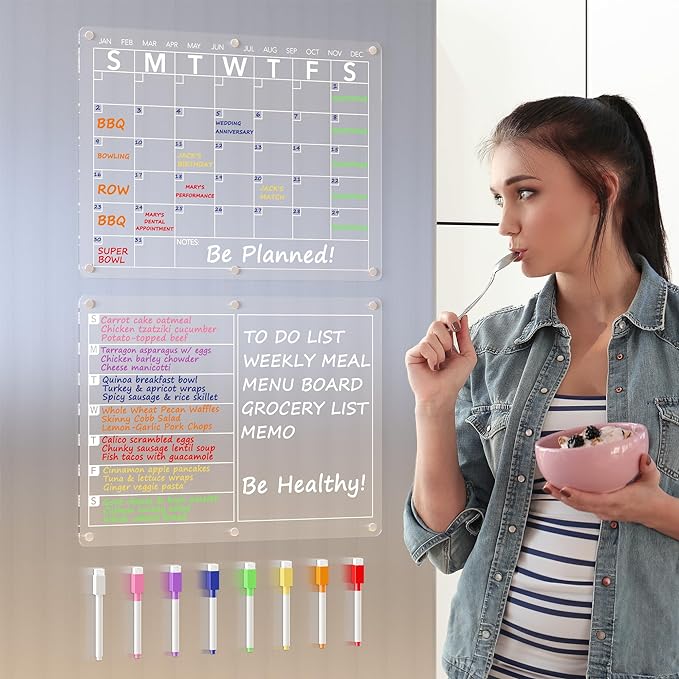 Acrylic Magnetic Dry Erase Board Calendar for Fridge, Clear Monthly and Weekly Meal Planner Whiteboard Refrigerator, Menu Board for Kitchen, w/ 8 Colors Markers, 15"x11"