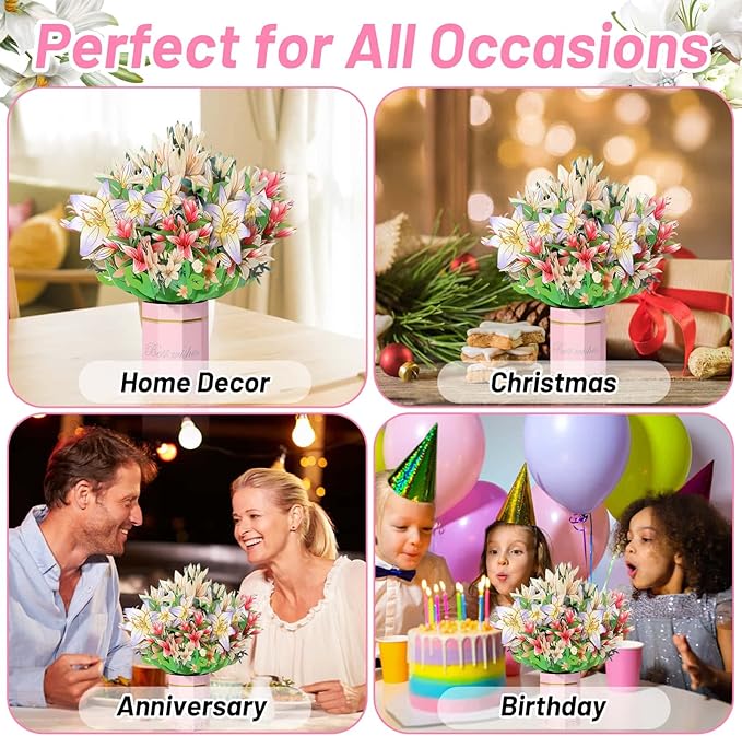 Get Well Soon Card, Popup Flower Lilies Birthday Card Thinking of You Gift Care Gift Cards for Women Mom Wife Friends Female Congratulations Gifts Anniversary Card