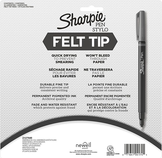 Sharpie Felt Tip Pens, Fine Point Pens (0.4Mm) Felt Tip Markers, Journaling Pens, Art Markers, Drawing Markers, Assorted Colors, 12 Count