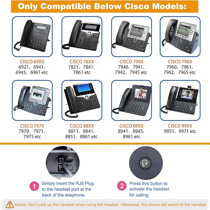 Headset Headphones + Adjustable Volume + Mute Control for Cisco IP Telephone 7940 7970 8841 8851 8861 8941 8945 8961 9951 9971 and All Series