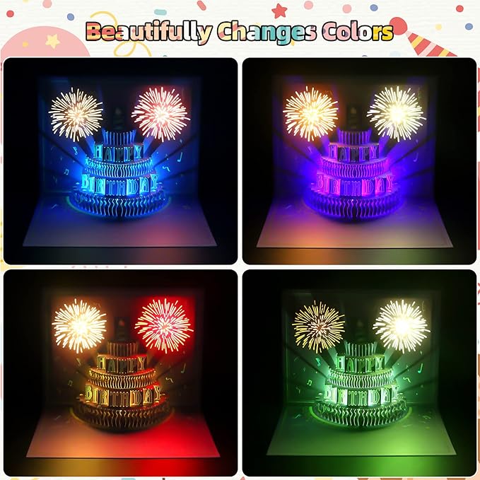 XTF2015 Happy Birthday Cards Fireworks, Lights, Music and Sound Fireworks Cake 3D Pop Up Birthday Cards Gift with Envelope and Note Tag for Women, Men, Kids, Wife, Mom, Husband