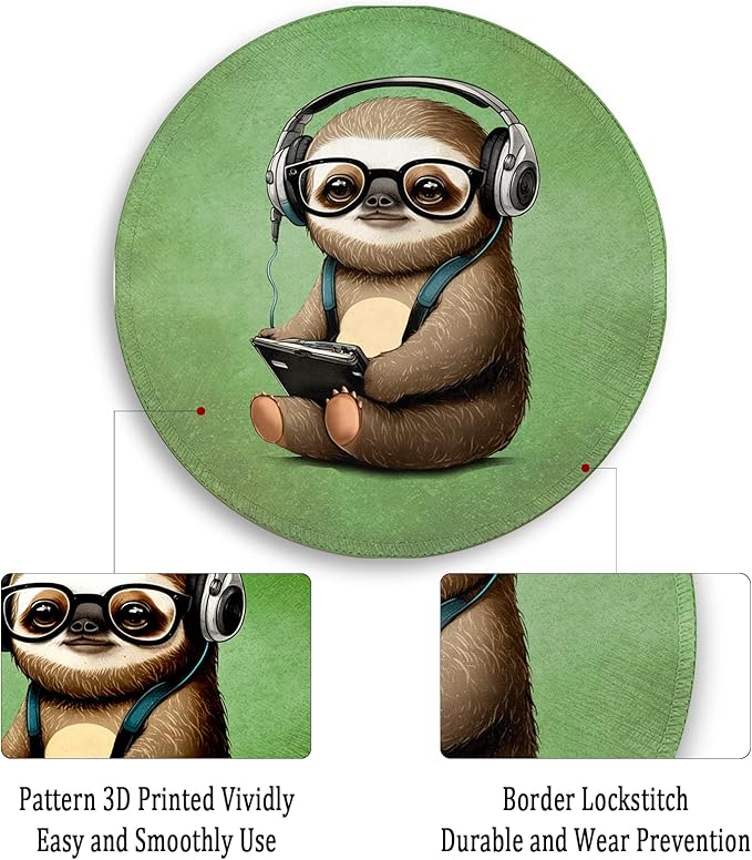 Funny Green Round Mouse Pad Mouse Pad for Desk, Cute Sloth Computer Mousepad with Stitched Edge Non-Slip Rubber Base, Cute Green Home Office Decor Desk Accessories Office Supplies Gift for Women Men