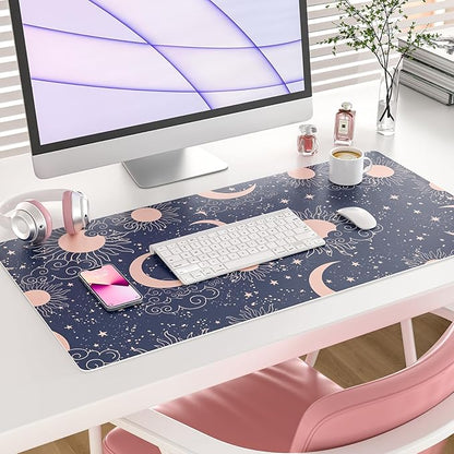 Colorful Star Starry Sky Large Desk Pad, Celestial Moon and Sun Extended Gaming Mouse Pad Non-Slip Desk Mat, Leather Blue Keyboard Mat for Desktop Gaming Accessories 31.5"x15.7"