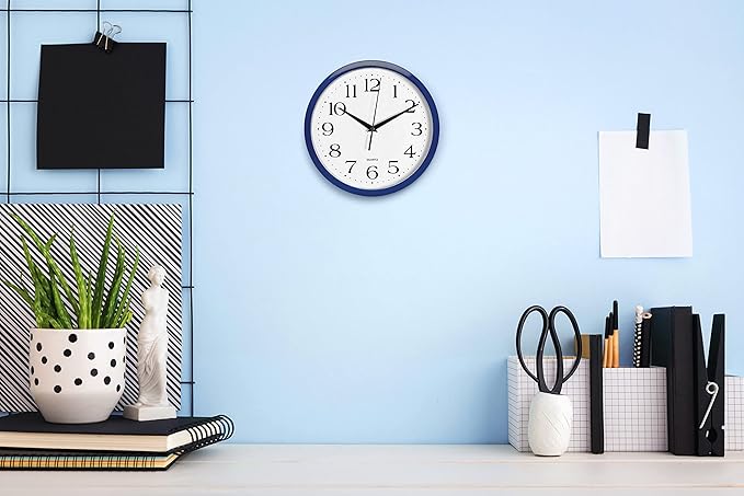 Bernhard Products Navy Wall Clock Silent Non Ticking - 10 Inch Quality Quartz Battery Operated Round Easy to Read Home/Kitchen/Office/Classroom/School Clock