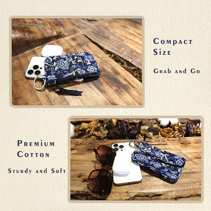 WONDERFUL FLOWER Card Holder, RFID Blocking, ID Holder with Lanyard for Women, Dual Pockets, Badge Holder, Lanyard Wallet, Fabric Keychain ID Pouch, Blue Paisley