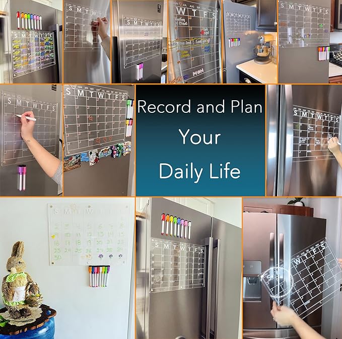 Acrylic Magnetic Dry Erase Board Calendar for Fridge, Clear Monthly Planner Whiteboard for Refrigerator, w/ 8 Colors Markers, 15"x11"