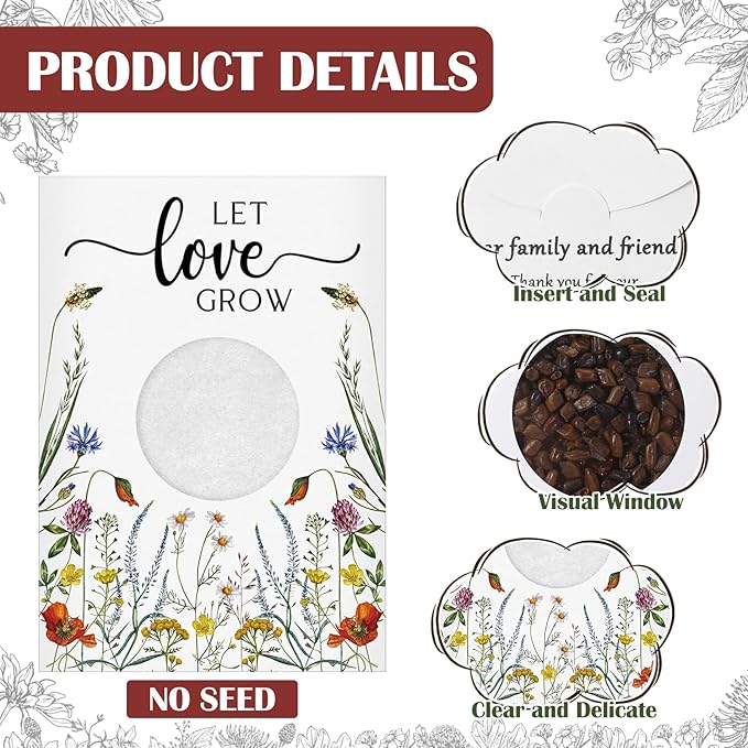 Fumete 100 Pcs Let Love Grow Seed Packets Wedding Favor for Guests Bulk Seed Envelope Kraft Bag with Window Flower Resealable Seed Storage Packets for Wedding Party Favors Bridal Shower No Seed