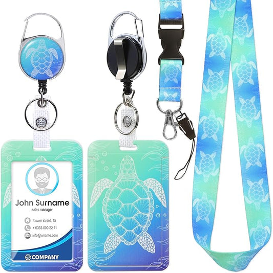 Cute ID Badge Holder with Lanyard Retractable Badge Reel Clip Funny Lanyards for ID Badges Name Tags Retractable Keychain for Teacher Doctor Student Women Men Nurse Accessories for Work (Turtle)