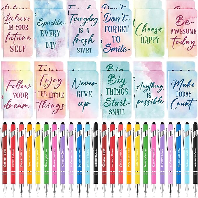 96 Pcs Watercolor Bulk Motivational Pens Inspirational Notepads Set, Pocket Motivational Quote Notebooks Ballpoint Pens, Mini Journals Gift Set for Kids Students Teachers School Office Prizes Supplies