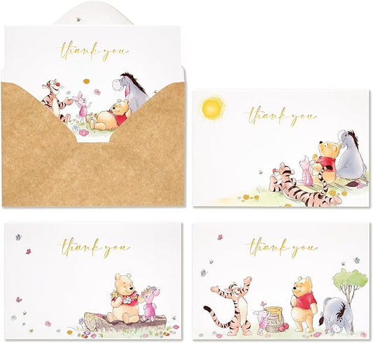Crisky Gold Foil Winnie the Pooh Thank You Cards with Envelopes and Stickers, 50 Pack Animal Thank You Cards for Baby Showers, Birthdays, Friendsgiving