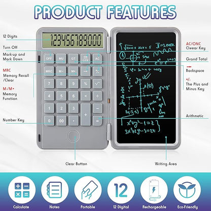 Hion Calculators,12-Digit Large Display Rechargeable Pocket Office Desktop Calculator with Erasable Wiriting Tablet,Mute Basic Desk Calculators with Doodle Pad for Student Home School,Grey