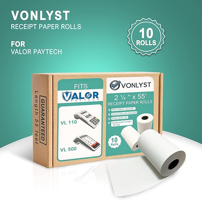 Receipt Paper Roll for Valor Paytech VL 110 and VL 500 Credit Card Machine (10 Rolls)
