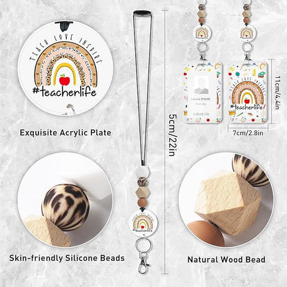 Teacher Lanyard with ID Holder, Leopard Print Rainbow Teach Love Inspire Teaching Supplies Badge Holder with Beaded Adjustable Lanyard, Teachers Gifts