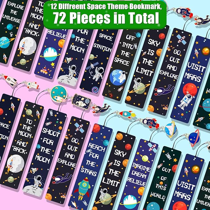 Christmas Space Theme Bookmarks with Metal Charms Planet Rocket Space Ship Theme Bookmarks Inspirational Quotes Bookmarks for Space Christmas Party Favors Gifts Kids Boys Girls Encourage(72 Pieces)