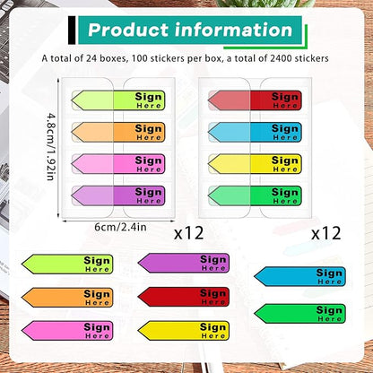Tatuo 2400 Pcs Sign Here Tabs Colored Flag Stickers 8 Colors with Dispenser Arrow Flag Easy to Post for Notary Books Paper (Sign Here Style)