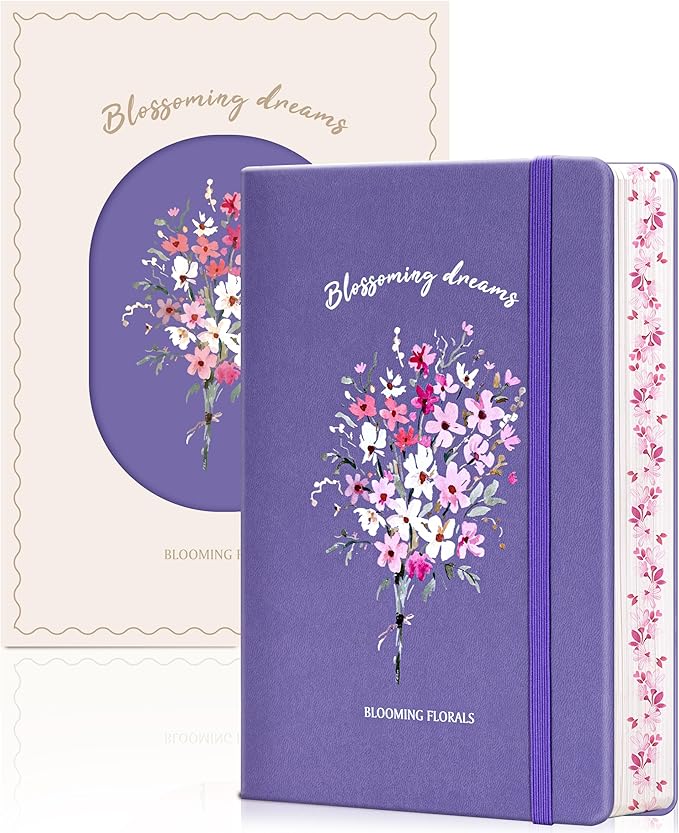 Lined Journal Notebook for Women 320 Pages Thick Floral Diary A5 Aesthetic Hardcover Journaling Notebooks for Writing with Gift Box, 5.7 x 8.3 In, Purple