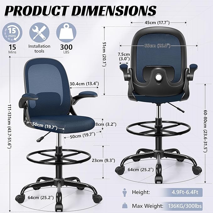 Drafting Chair, Tall Office Chair Ergonomic Standing Desk Chair,with Adjustable Footrest Ring, 3D Lumbar Support, Flip-up Armrests, Swivel Desk Stool for Drawing Working (Navy)