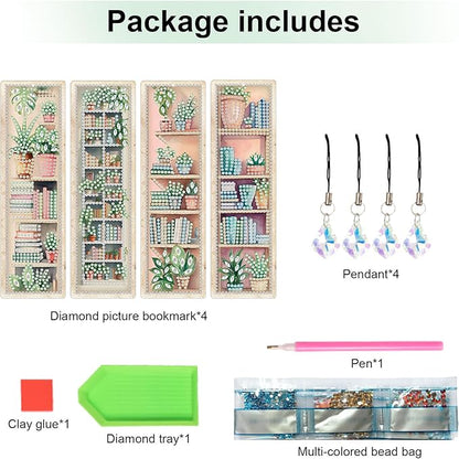 4 Pieces Diamond Painting Bookmarks for Adults Plant Bookshelf Design 5D Rhinestone Art Bookmark Kits Beautiful DIY Diamond Art Bookmarks with Tassels Crafts Gifts Supplies