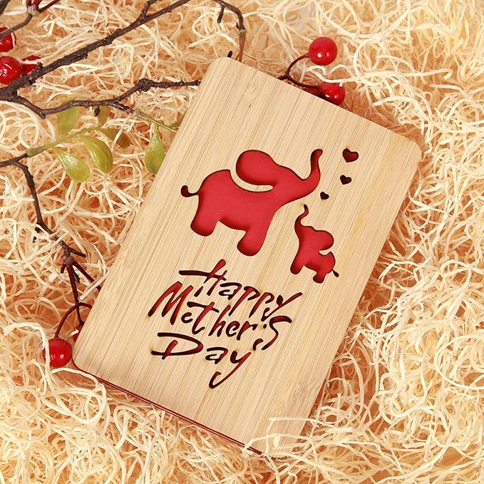 Mothers Day Cards,Handmade Bamboo Greeting Cards,Wooden Thankyou Card,Wooden Birthday Card for Mom,Mum Birthday Gift,Elephant pattern
