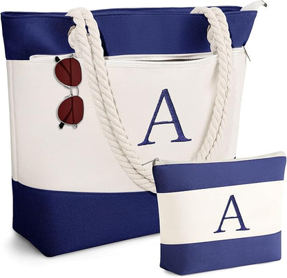 YOOLIFE Christmas Gifts for Women - Initial Canvas Tote Bag & Makeup Bag, Birthday Gifts for Women Mom Teacher Friend Sister