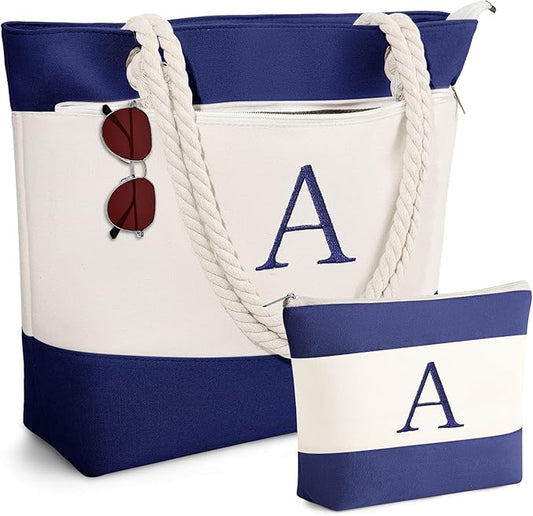 YOOLIFE Christmas Gifts for Women - Initial Canvas Tote Bag & Makeup Bag, Birthday Gifts for Women Mom Teacher Friend Sister