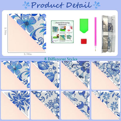 Diamond Art Painting Bookmarks,8Pcs DIY Cute Diamond Art Kits for Adults, Corner Bookmarks Small Crafts Kit for Women Book Lovers (Blue Floral)