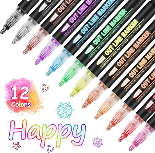 Shimmer Markers Double Line Outline Markers, 12 Colors Squiggles Shimmer Outline Markers Pen Set for Drawing Art School Supplies, Glitter Markers Set for Cards Lettering, Gift for 4-12 Year Old Girl