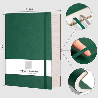 AHGXG Graph Paper Notebook - Grid Paper Notebook Large A4 8.5''×11'', 320 Pages Thick Journal, 100gsm Thick Graph Paper, Leather Softcover, Inner Pocket - Green
