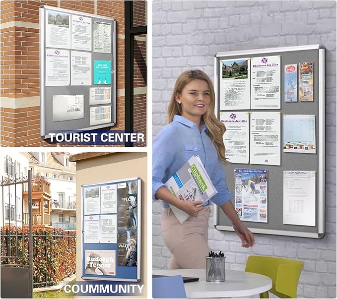 SWANCROWN Enclosed Bulletin Pin Fabric Boards Tamperproof Notice Case for Message Memo Photo,Grey,28x26inch (6xA4)