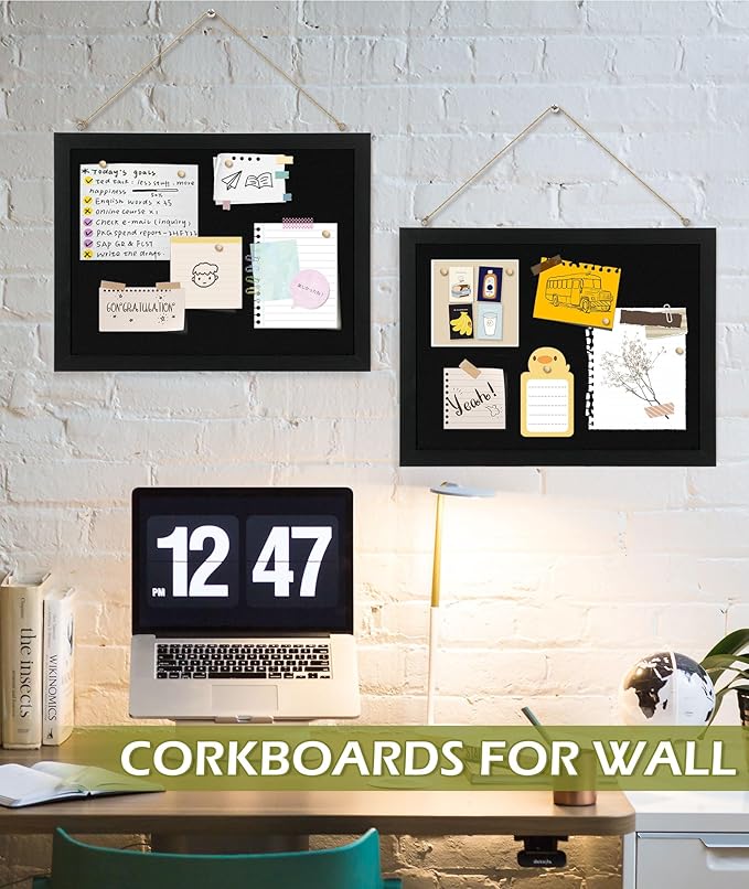 2-Pack Double-sided Black Cork Board with Linen, 16" x 12" Hanging Wood Framed Small Bulletin Board, Picture Display Vision Board Kit Corkboards for Wall Room School Office Decor, 20 Pushpins