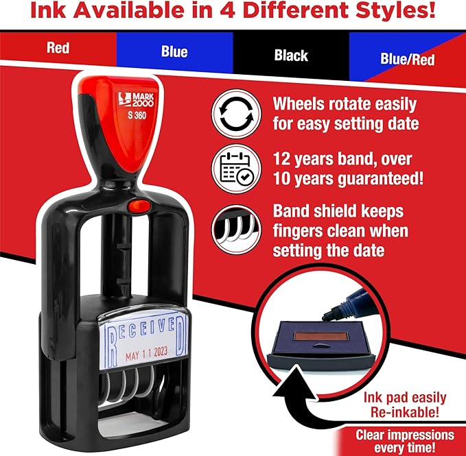 Self-Inking Rubber Date Office Stamp with E-Mailed Phrase - Blue Ink & Date Red Ink - 12-Year Band