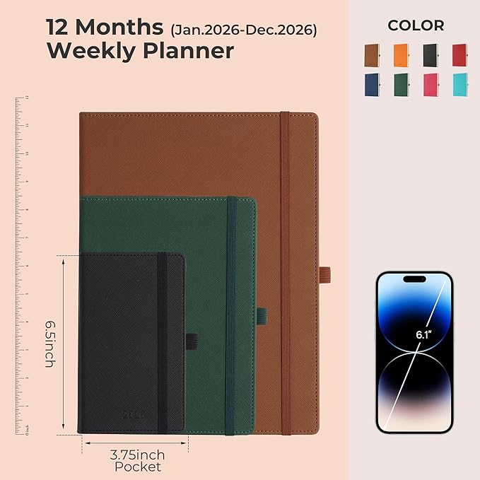 Weekly Monthly 2026 Planner (Jan.26-Dec.26),6.5"x3.75",12 Months Agenda Plan with Month Tabs & Pocket,Expenses/Note Pages, Appointment Book Calendar with Hardcover Vegan Leather Cover,Green