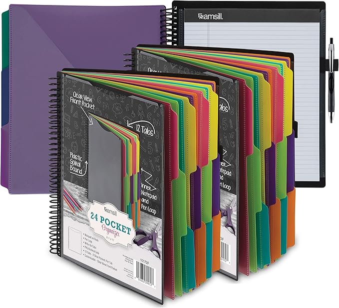 Samsill 2 Pack Deluxe 24 Pocket Spiral Project Organizer with Refillable Notepad, Customizable Front Cover, 12 Dividers with Erasable Write-On Tabs in Fashion Colors, Plastic Folders with Pockets