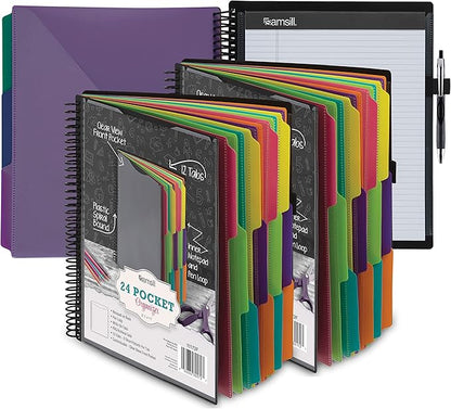 Samsill 2 Pack Deluxe 24 Pocket Spiral Project Organizer with Refillable Notepad, Customizable Front Cover, 12 Dividers with Erasable Write-On Tabs in Fashion Colors, Plastic Folders with Pockets