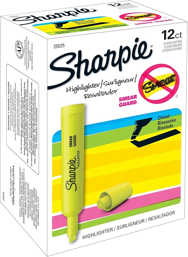 Sharpie Tank Highlighters, Chisel Tip, Fluorescent Yellow, 12 Count