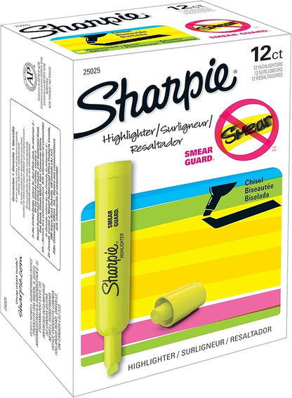 Sharpie Tank Highlighters, Chisel Tip, Fluorescent Yellow, 12 Count