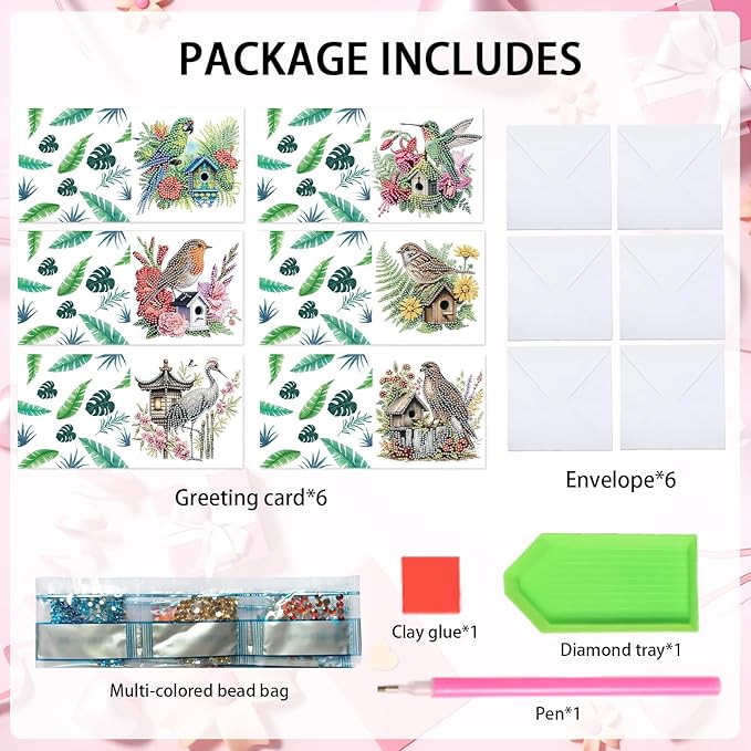Tontut 6pcs Diamond Art Painting Kit Greeting Card, Bird on The House 5D DIY Diamond Handmade Holiday Greeting Card with Envelope, Holiday Gift Congratulation