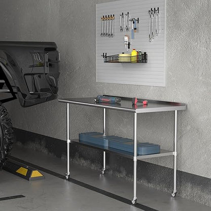 Stainless Steel Table with Wheels 30 x 60 Inches Metal Food Prep Table with Backsplash & Adjustable Undershelf, Utility Table for Kitchen, Outdoor, Restaurant, Bar & Garage